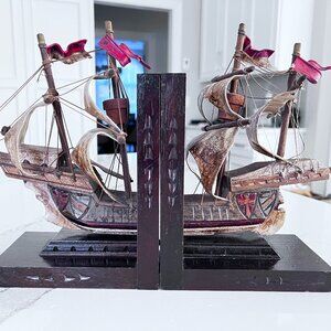 Vintage 2 Galleon Nautical Sailing Pirate War Ship Wooden Canvas Bookends Set